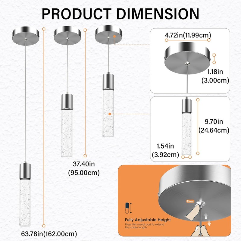 Esfos Pendant Lights Kitchen Island, 6500K Modern Kitchen Island Lights Brushed Nickel, 1 Pack Ceiling Lighting Fixtures with Crystal Bubble, Integrated LED Hanging Light for Dining Room Restaurant - Image 4